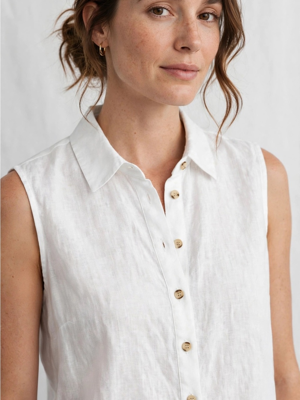 Edward’s Luxury Line 100% Irish Linen Sleeveless Embroidered Button-Front Blouse